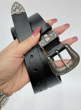 PU Leather Belt Vintage Carved Metal Buckle Design Belt for