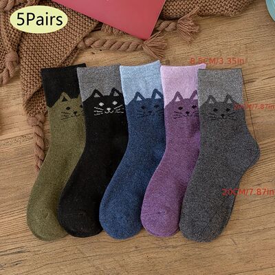 5 pairs of women's warm socks - thick winter cute cat patter