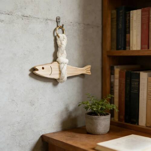 Wooden Fish Shaped Pendant Rope Ring Design Wall Art Hanging