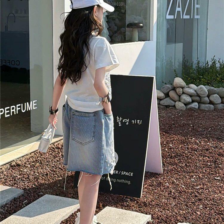 NEXT AINI夏季亮片马甲短袖套装洋气儿童中大童牛仔短裤两件套