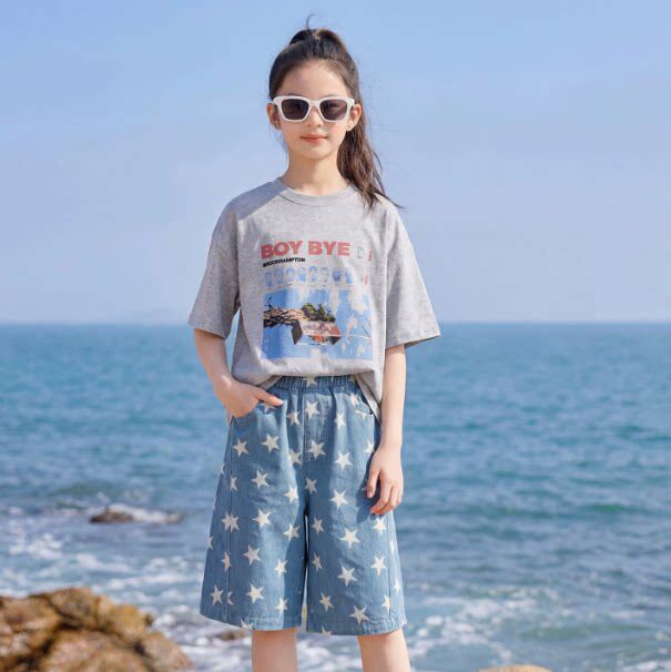 NEXT AIINI女童夏季套装新款儿童洋气短袖中大童休闲牛仔短裤