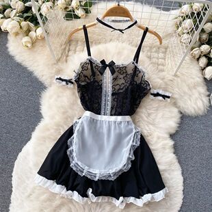 Sexy Maid Cosplay Uniform Lace Patchwork Women's Dress Backl