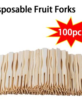 100PCS Bamboo Disposable Wooden Fruit Fork Fruit Toothpick D