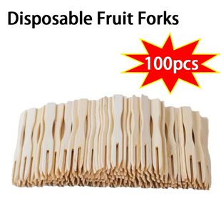 100PCS Bamboo Disposable Wooden Fruit Fork Fruit Toothpick D