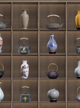 酒店茶室茶室茶柜薄谷架中国装饰艺术装饰品茶壶铁锅茶具陶瓷花瓶