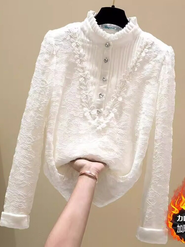 여성용 플러시 레이스 셔츠 뚱뚱한 소녀들을 위한 새로운 가을 겨울 플러스 사이즈 여성 의류 200파운드 하프 터틀넥 레이스 바닥 셔츠