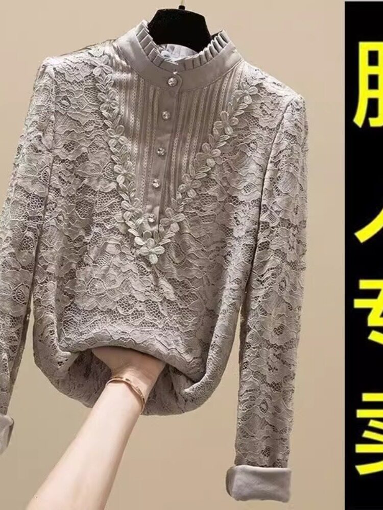 여성용 플러시 레이스 셔츠 뚱뚱한 소녀들을 위한 새로운 가을 겨울 플러스 사이즈 여성 의류 200파운드 하프 터틀넥 레이스 바닥 셔츠