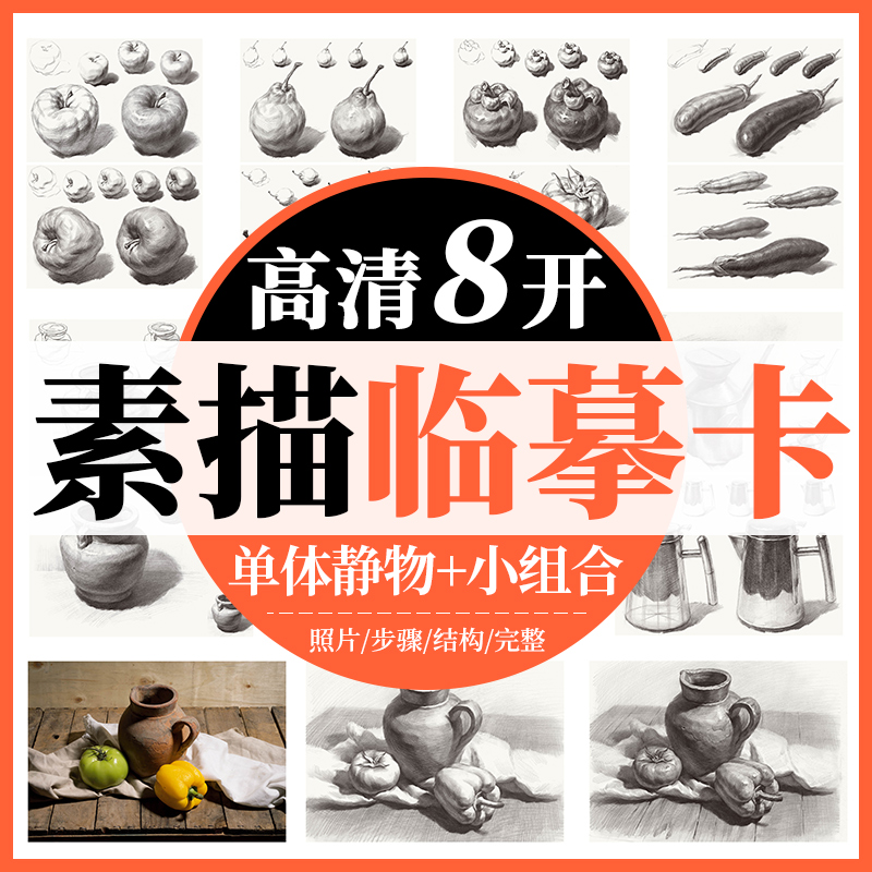 8开素描静物临摹卡高清 单体静物素描临摹卡简单组合创意结构素描作品儿童素描画册临摹本基础美术书籍国美高考教程素描书入门教材