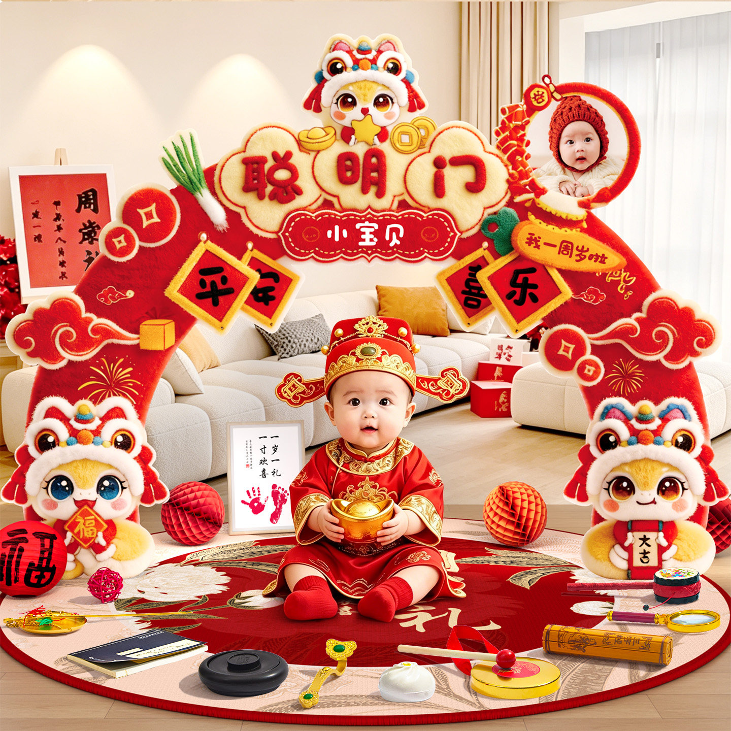 一周岁生日布置装饰聪明门男女孩蛇宝宝抓周宴用品拍照仪式感道具
