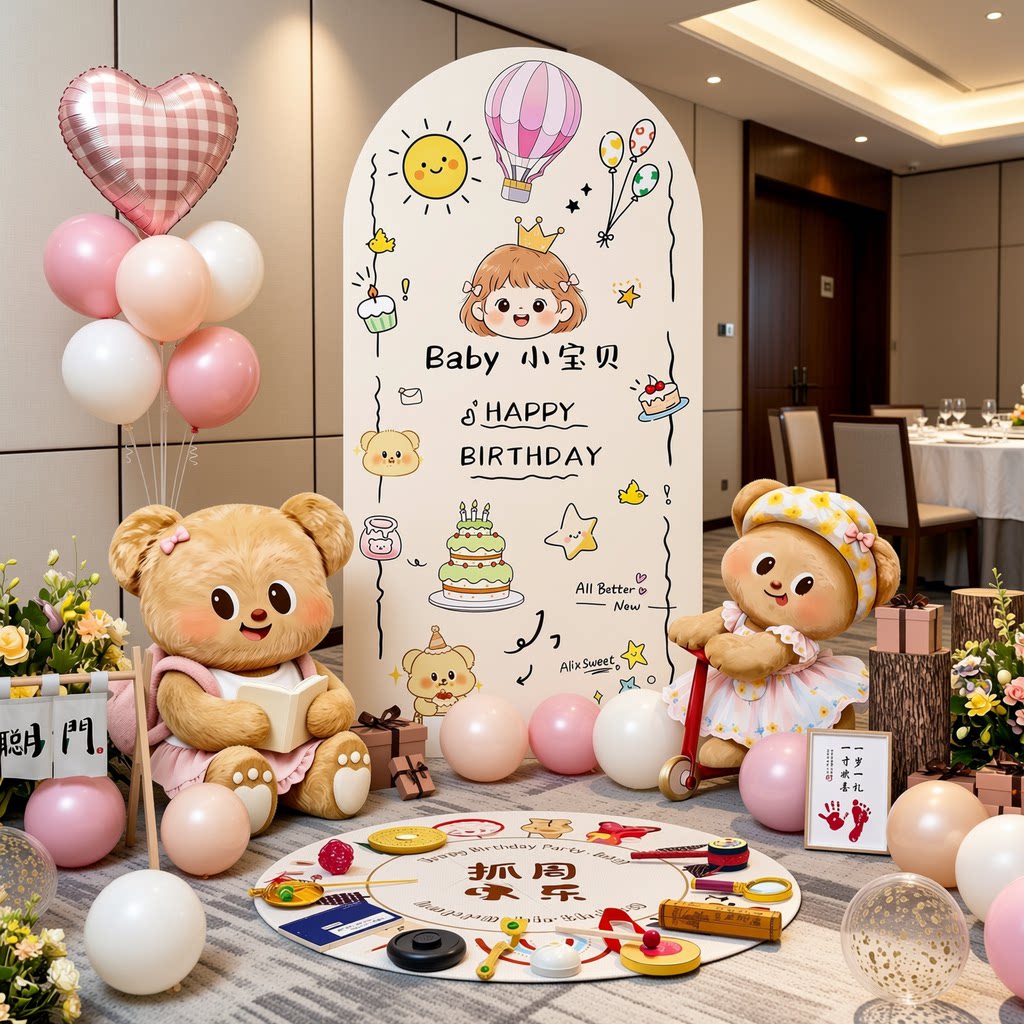 韩系周岁生日布置kt板场景氛围感小女孩装饰宝宝一岁抓周礼婴儿男