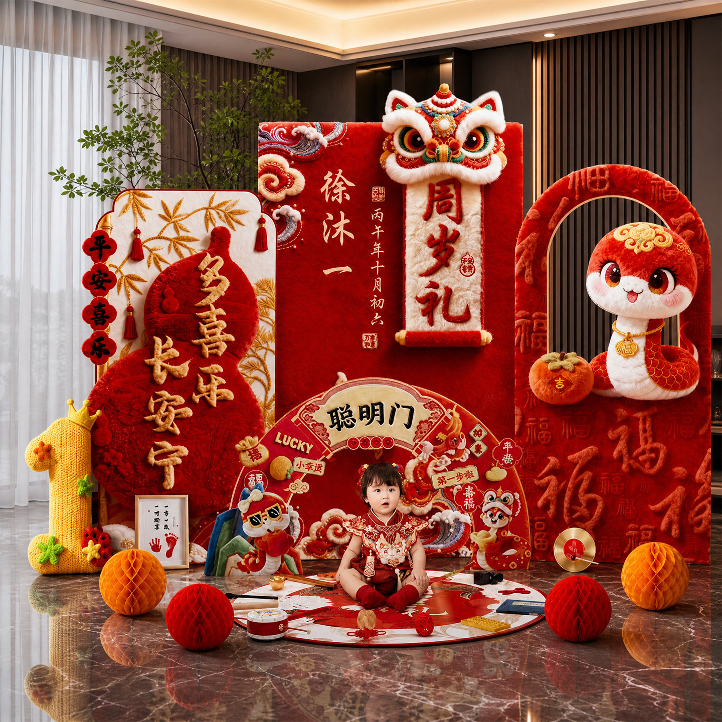 蛇宝宝一周岁礼生日场景布置氛围感装饰男女抓周宴背景墙kt板全套图片