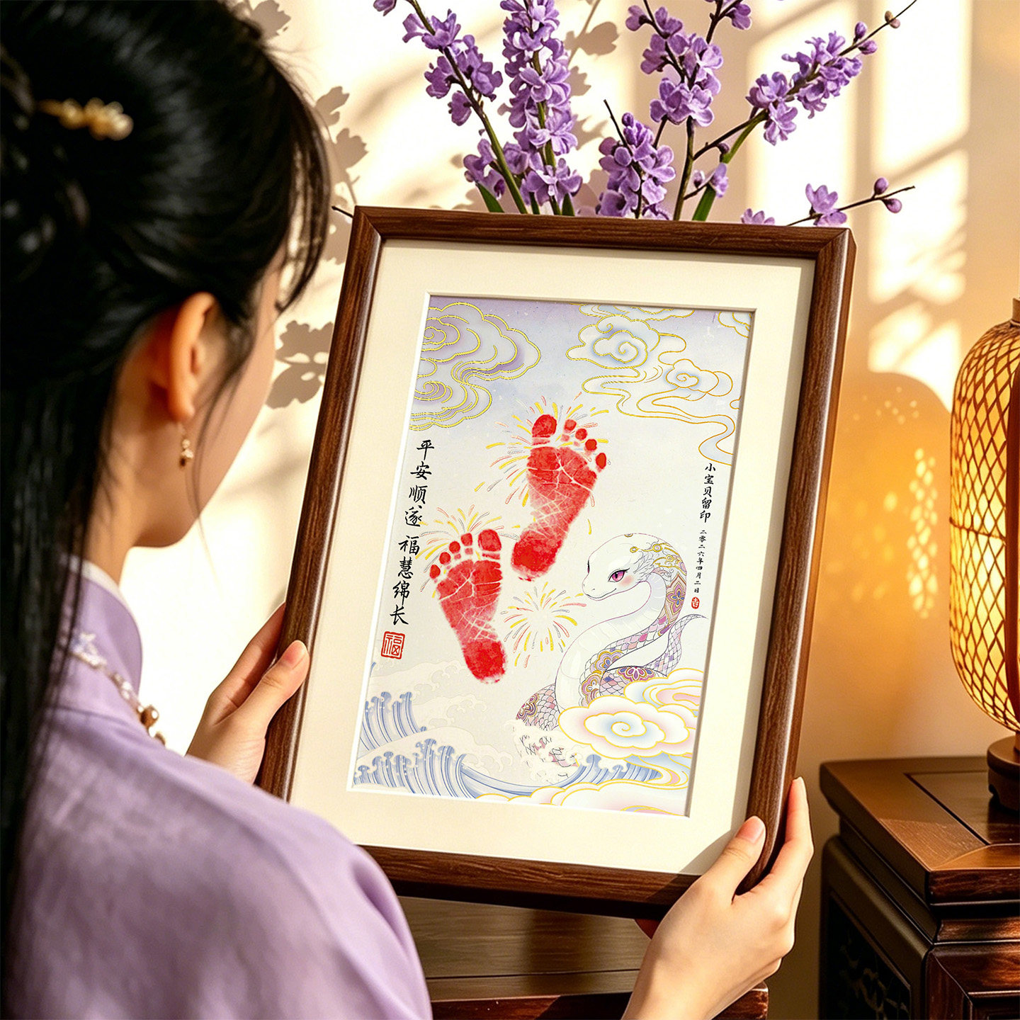 周岁手足印婴儿手印脚印纪念品相框摆件蛇宝宝留念手脚印一岁抓周