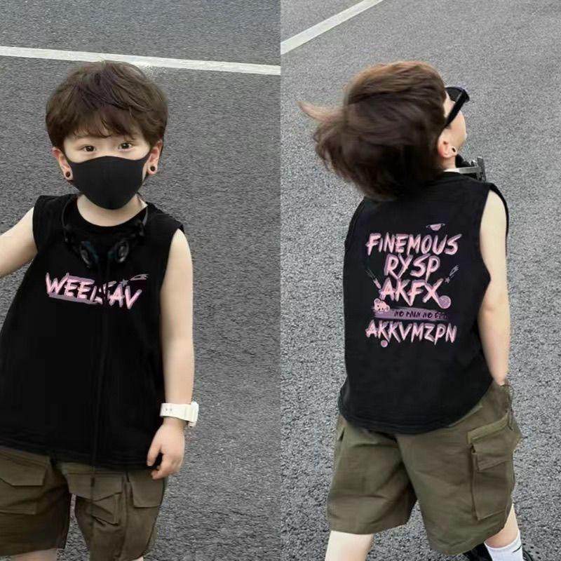 2026新款儿童美式夏装纯棉背心薄款男童帅气印花无袖t恤潮流上衣图片