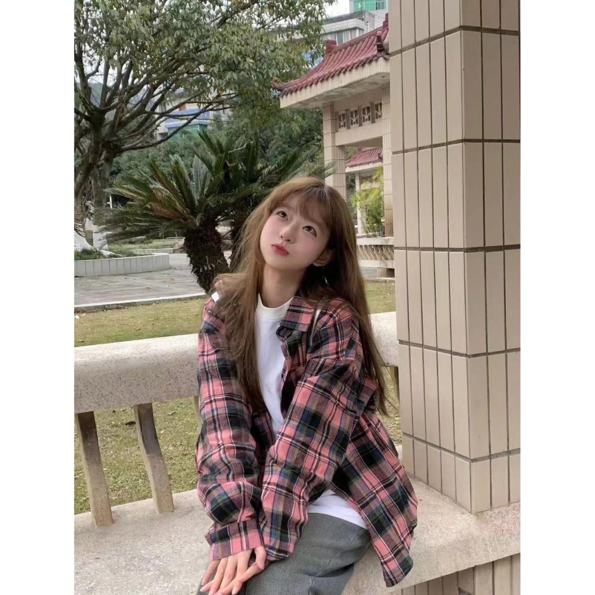 美式覆古粉色长袖格子衬