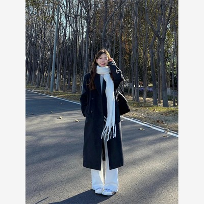 黑色呢子大衣女中长款202