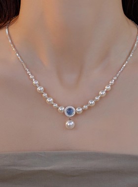 海蓝宝s925纯银珍珠项链女轻奢小众设计感锁骨链高级百搭饰品