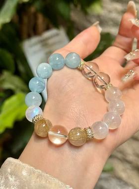 天然水晶手链海蓝宝蓝月光金发晶招财桃花防水逆净化磁场手串礼物