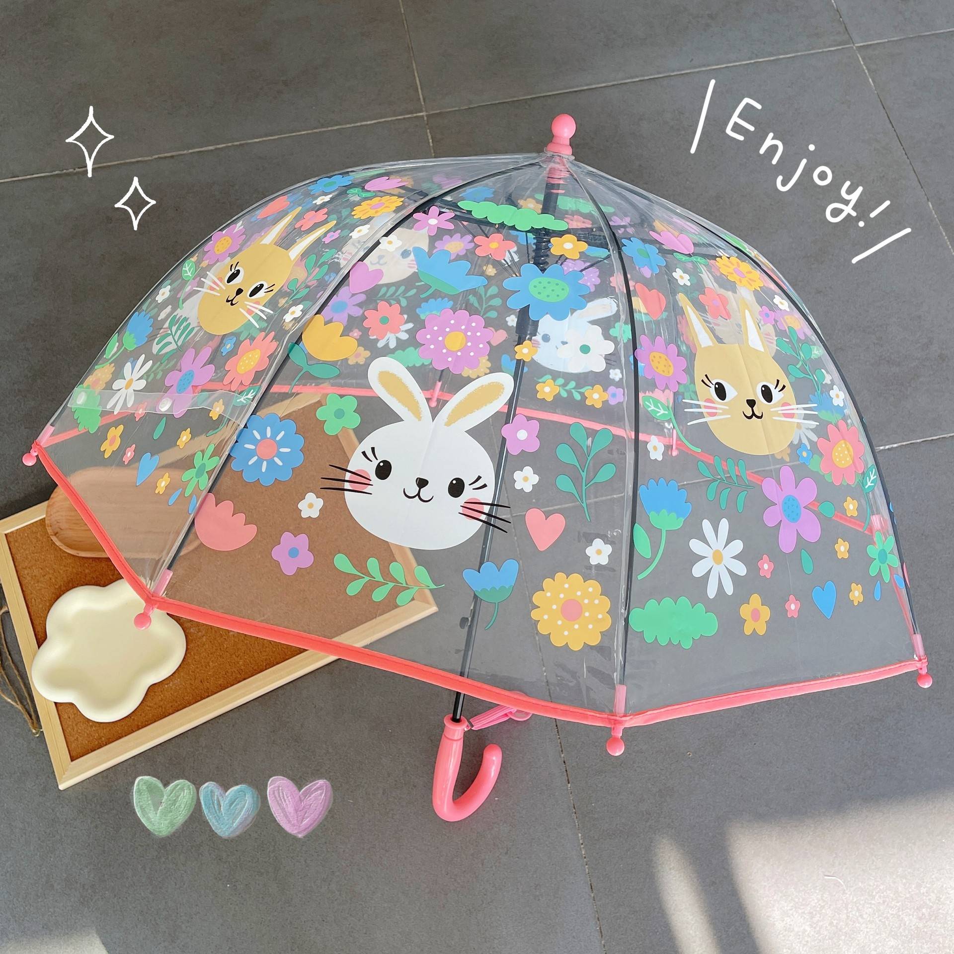网红兔子女童幼儿园小学生儿童伞可爱加厚自动长柄伞宝宝透明雨伞