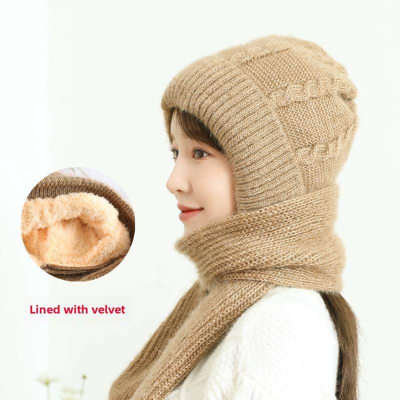 2022新风雪羊毛帽子围巾一体机加天鹅绒加厚保暖中老年女士帽妇女