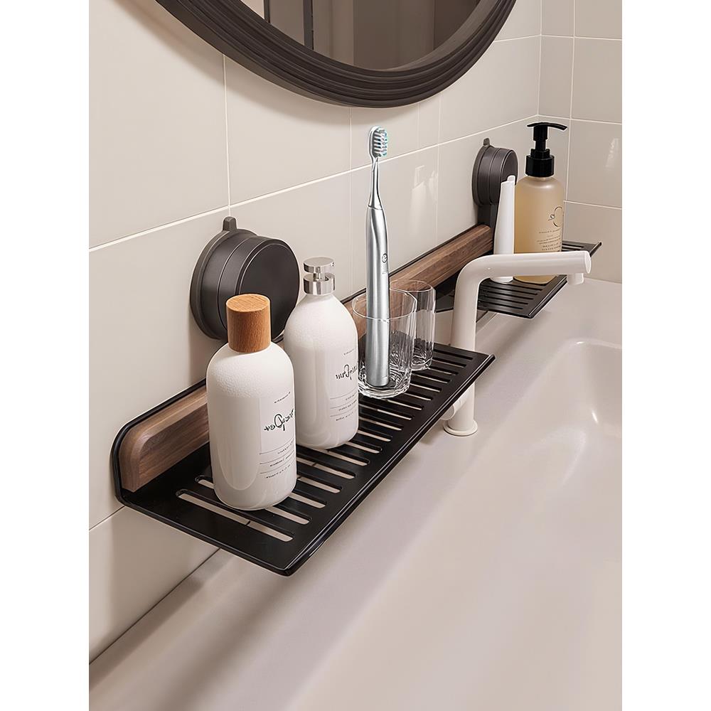 胡桃木吸盘水龙头置物架卫生间免打孔壁挂浴室洗漱台洗手台收纳架