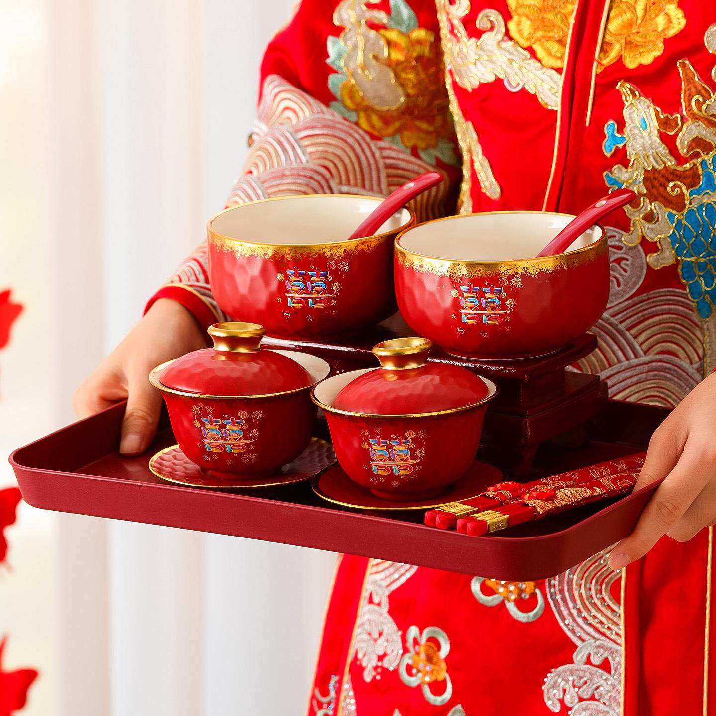 结婚庆用品改口敬茶杯套装一对喜碗杯子婚礼红色茶具敬酒敬茶托盘