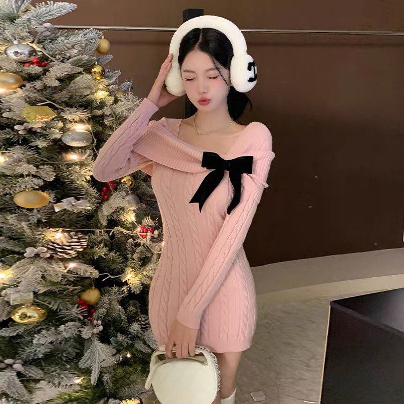 韩国小个子圣诞新年红色战袍OL高级感蝴蝶结针织毛衣连衣裙女秋冬,女装/女士精品,连衣裙,淘宝优惠券,粉丝福利购,淘宝优惠卷