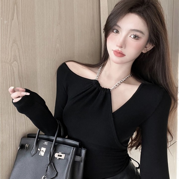 实价实拍露肩链条挂脖气质百搭显瘦长袖上衣女纯色T恤