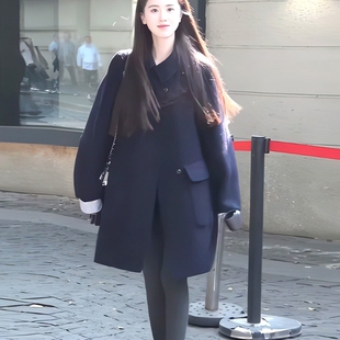 都市感英伦风藏青色翻领呢子大衣女冬季新款中长款百搭减龄外套潮