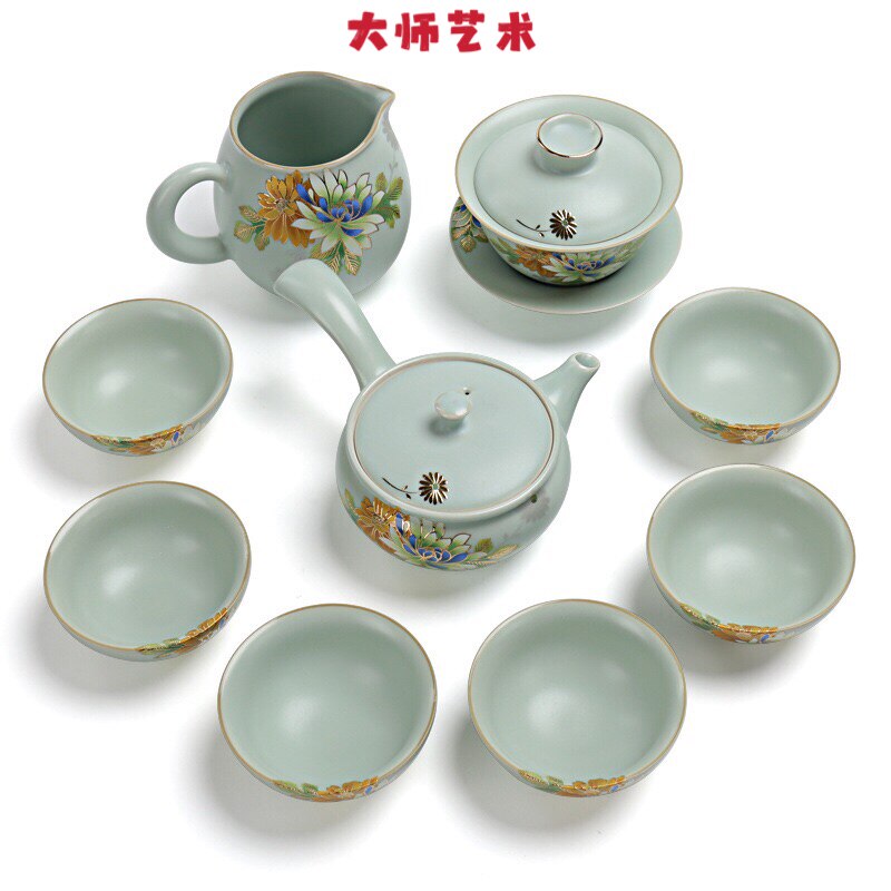 大师艺术高端汝窑功夫茶具套装陶瓷茶杯盖碗侧把壶品茗杯网红茶具