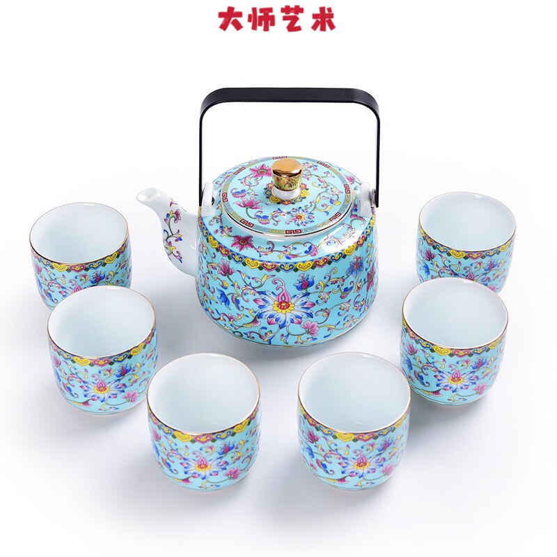 大师艺术高端陶瓷金丝珐琅彩整套功夫茶具套装茶壶提梁大壶