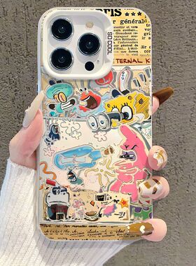 报纸海绵宝宝情侣适用苹果17pro手机壳iphone17适用一加适用小米17适用红米k90适用荣耀500保护套适用魅族22