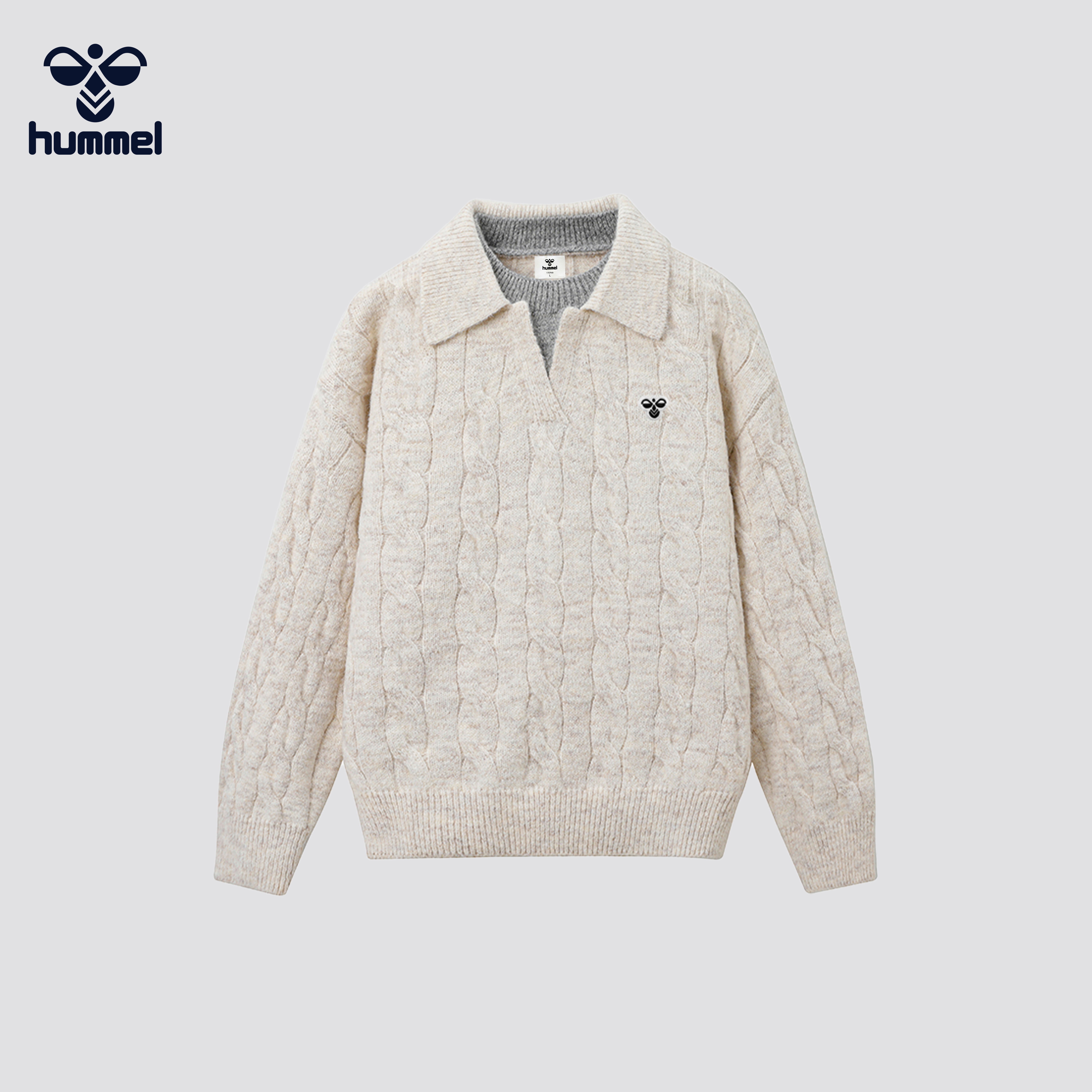 HUMMEL老钱风麻花纹翻领针织衫
