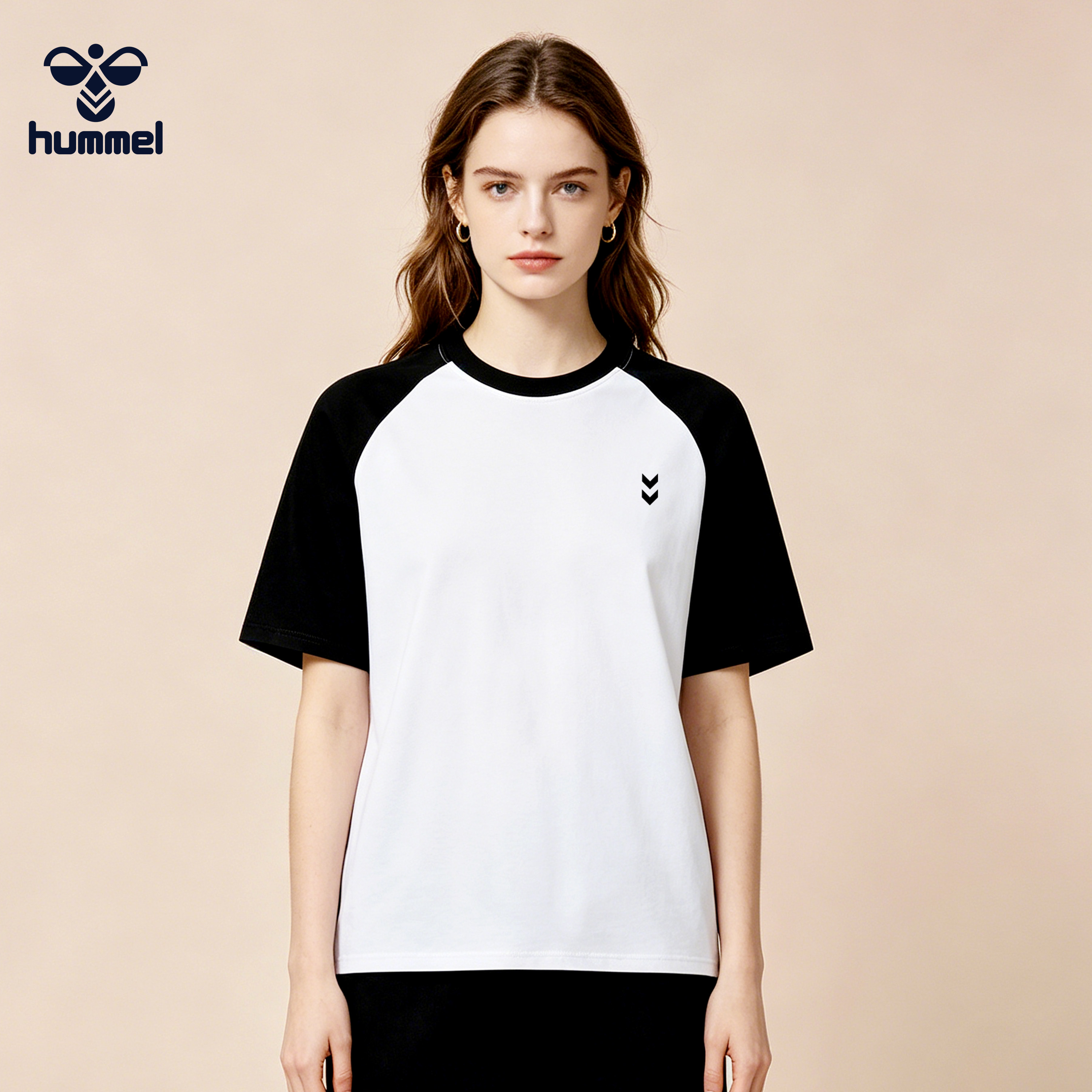 HUMMEL短袖T恤女黑白撞色插肩袖运动休闲上衣夏季圆领男女通用