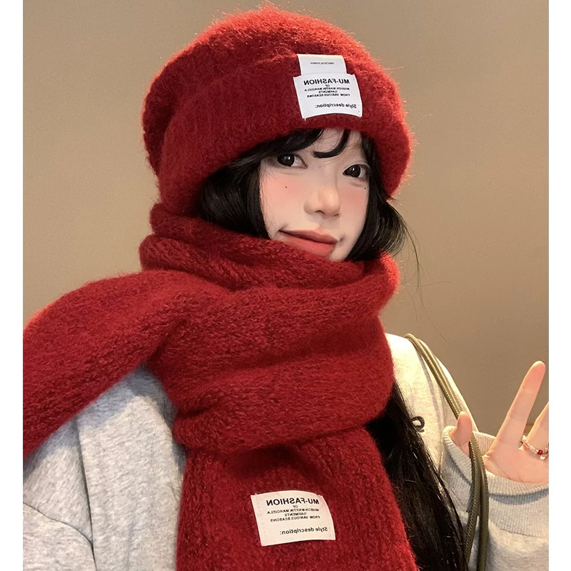 含羊毛红色帽子女冬季围巾二件套