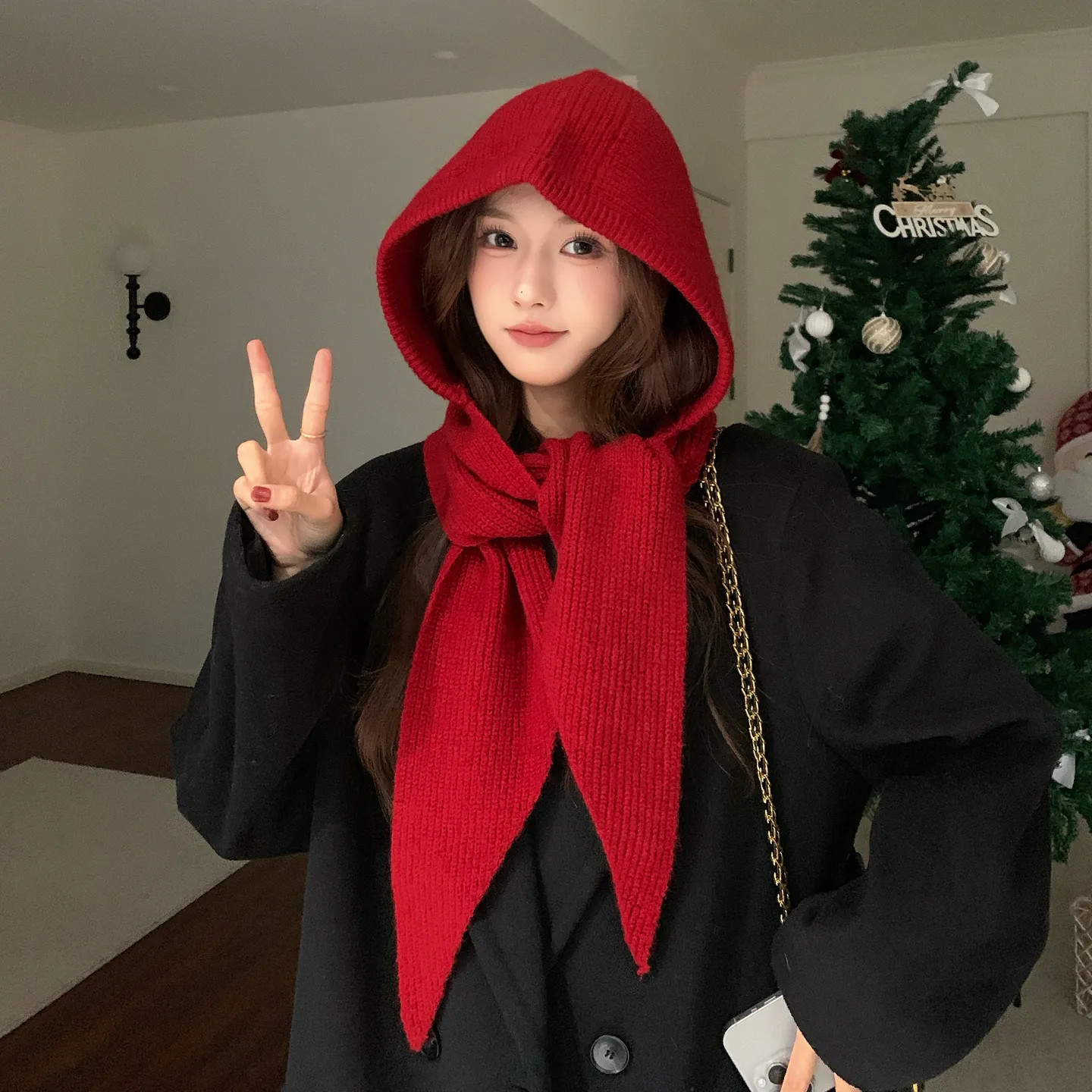 含羊毛红色帽子女款2026围巾一体