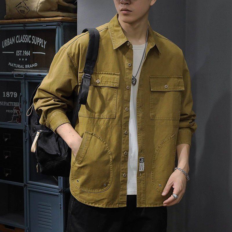 潮牌工装衬衫男春秋季宽松翻领痞帅休闲长袖衬衣山系军事风外套