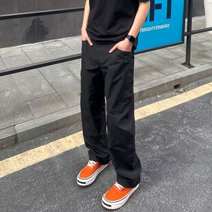 黑色斜切工装裤男款夏季薄款阔脚弯刀裤子cleanfit运动直筒裤