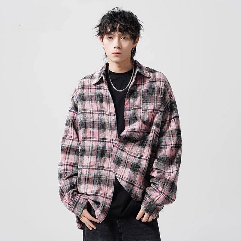 美式复古格子长袖衬衫男秋季潮牌痞帅宽松休闲外套高级感情侣衬衣