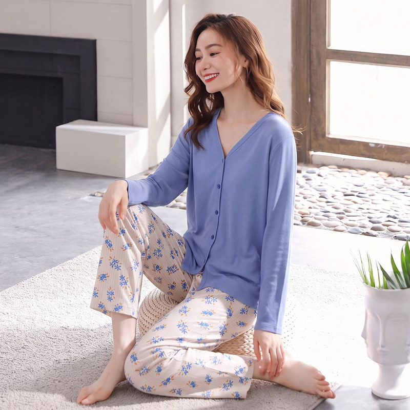 纯棉睡衣女士春秋蓝色家居服套装
