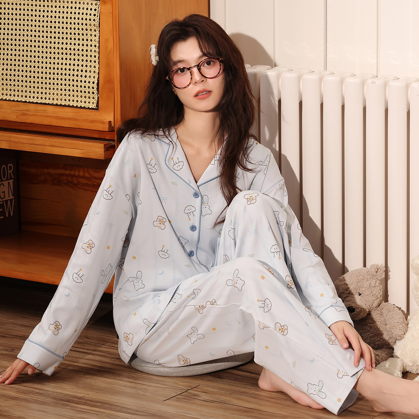 纯棉睡衣女款长袖甜美家居服套装