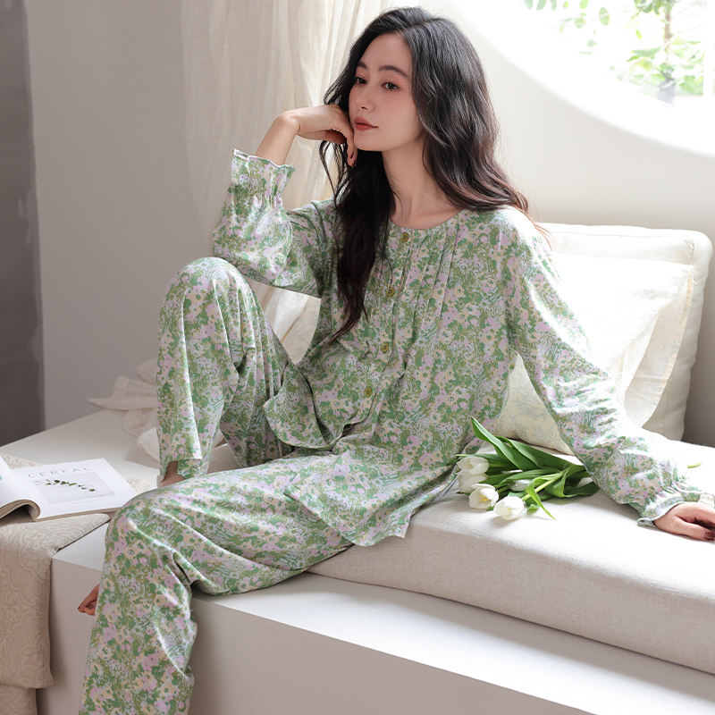 秋季新款睡衣女纯棉长袖长裤宽松加大码植物花卉休闲风家居服套装