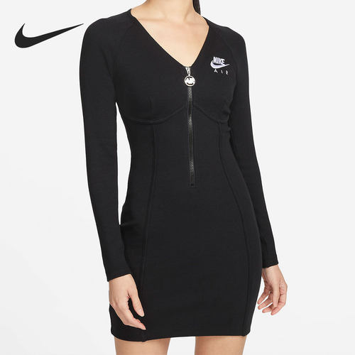 Nike/耐克正品新款修身V领女子半拉链包臀连衣裙 DM6058-010