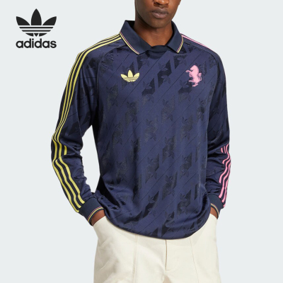 Adidas/阿迪达斯正品三叶草男士足球暗纹印花翻领长袖IT3851