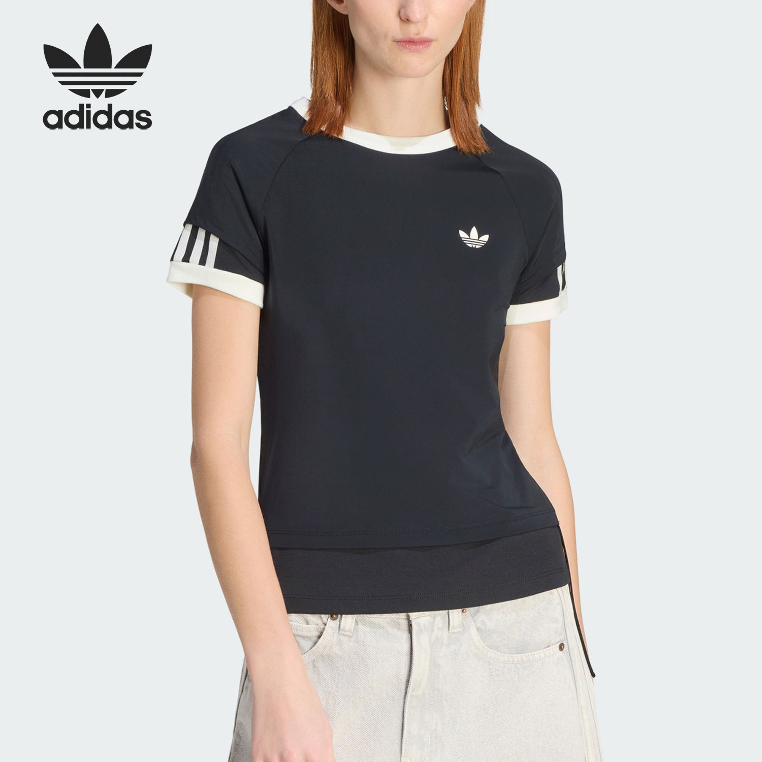 Adidas/阿迪达斯官方正品三叶草女士双层运动修身短袖T恤KW4528 - 实物图
