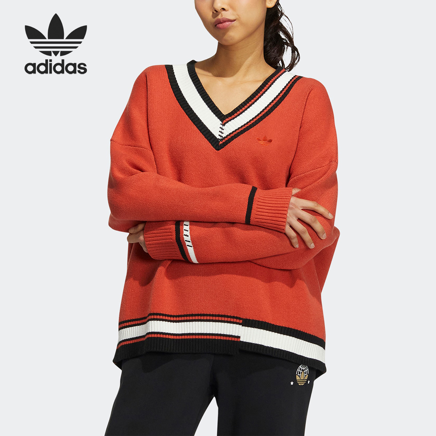 Adidas/阿迪达斯正品三叶草女子复古运动V领毛衣套头衫HS9520