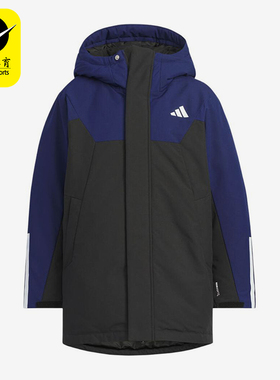 Adidas/阿迪达斯正品152新款儿童蓝黑色保暖经典连帽棉服KC5408