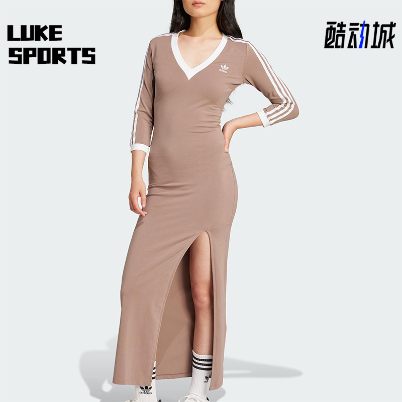 Adidas/阿迪达斯正品三叶草女士经典长款侧开叉V领连身裙JX5193