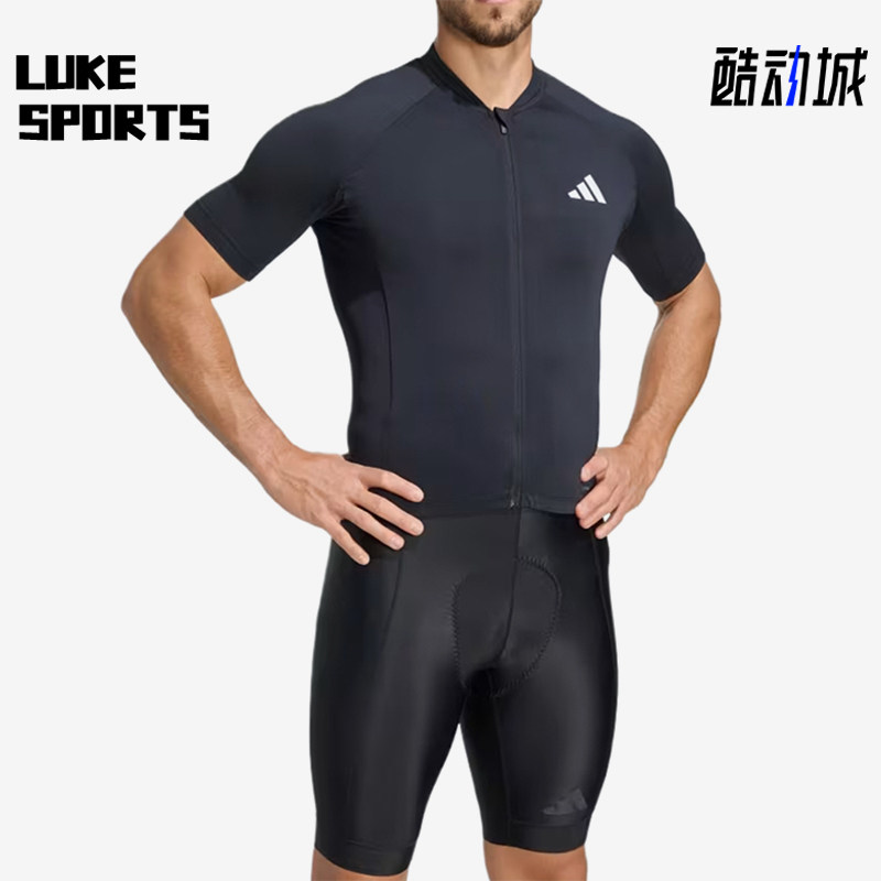 Adidas/阿迪达斯正品短袖拉链口袋男黑色经典休闲骑行服JZ6761