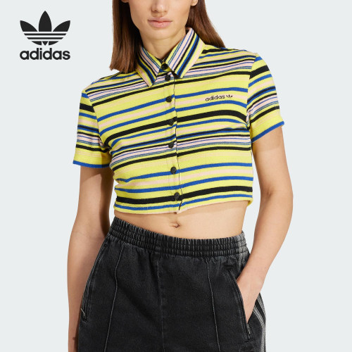 Adidas/阿迪达斯官方正品三叶草女士短款条纹透气翻领短袖JC5333