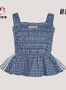 Adidas/阿迪达斯正品三叶草女士修身格纹荷叶边运动背心T恤KX7035